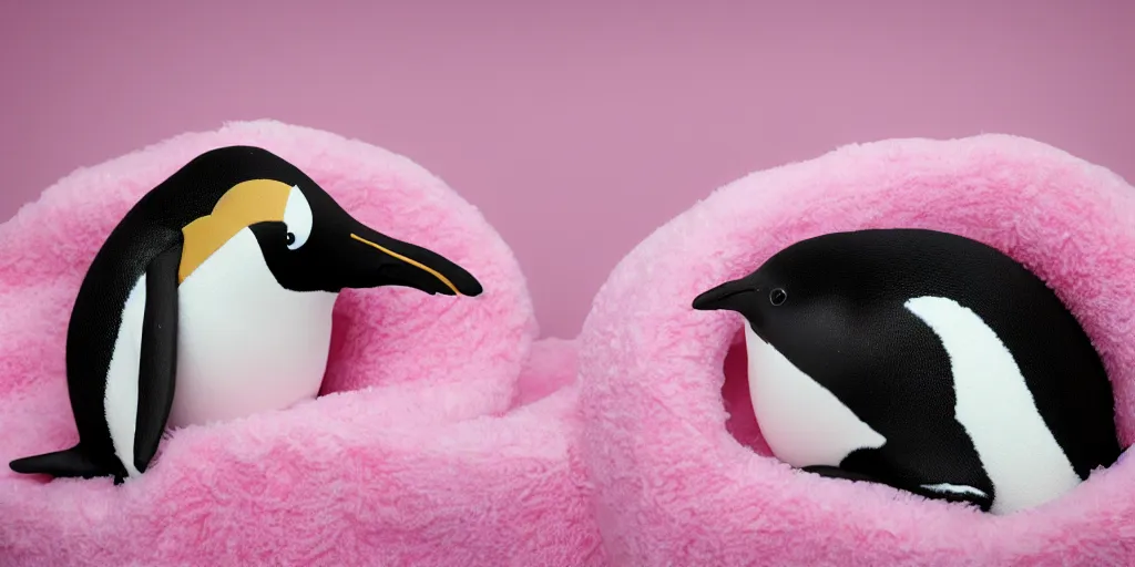 Prompt: realistic penguin sitting in an pink fluffy bed