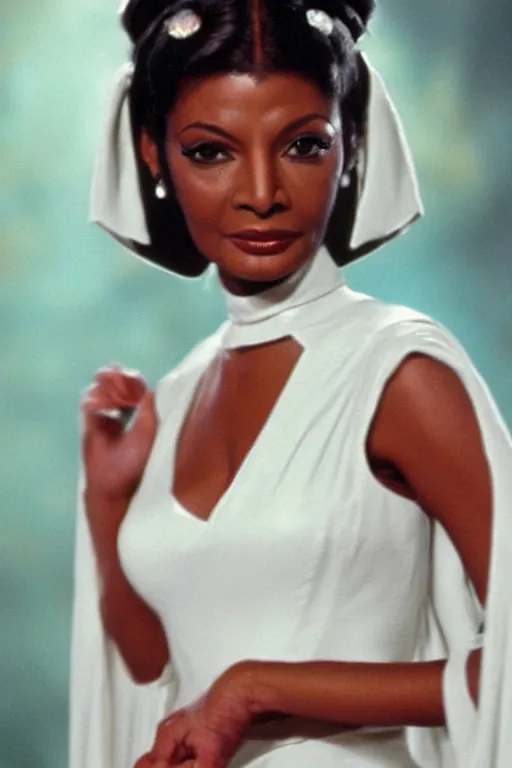 Image similar to photorealistic!! young adult nichelle nichols as princess leia, white regal gown, film quality