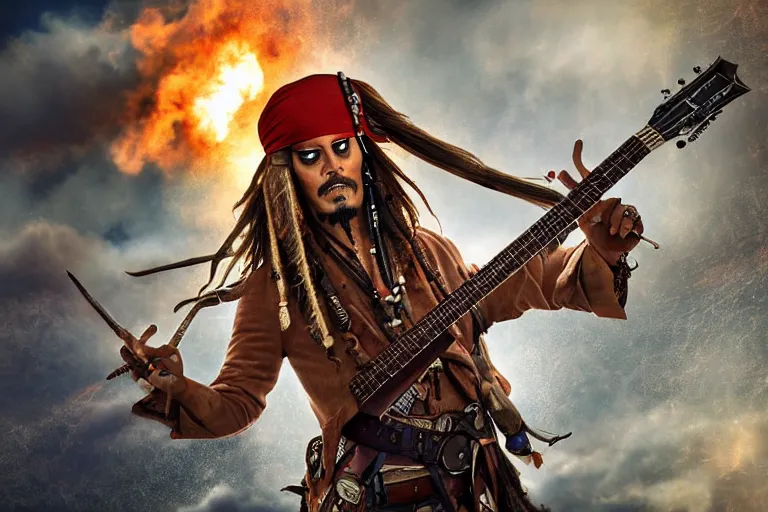 Image similar to jack sparrow playing a 2 neck guiter on a ship while the british fire cannons in the background, cinematic, dramatic, still, photograph, digital art, dynamic lighting, highly detailed, sharp focus