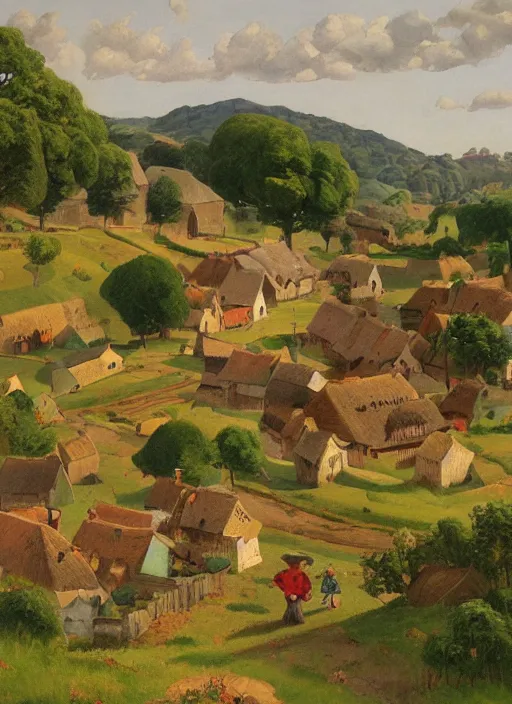 Prompt: painting of a village in the countryside, a storybook illustration by john wonnacott, behance contest winner, synthetism, matte drawing, detailed painting, storybook illustration