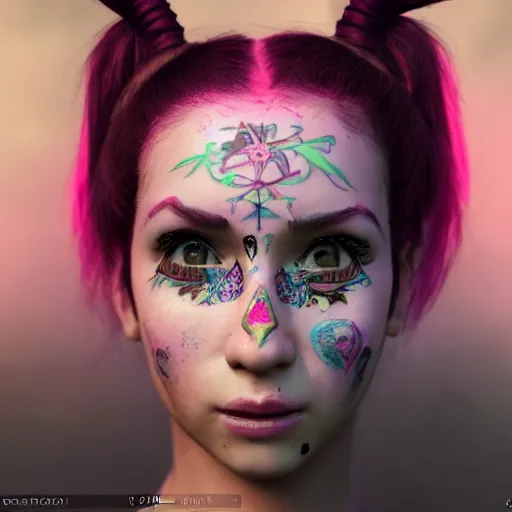 Image similar to An octane 3d render of a girl with pink pigtails, and face tattoos, 8d, HD, hyper detailed, intricate details, photorealistic, dynamic lighting, stunning visuals, creative, trending on art station,