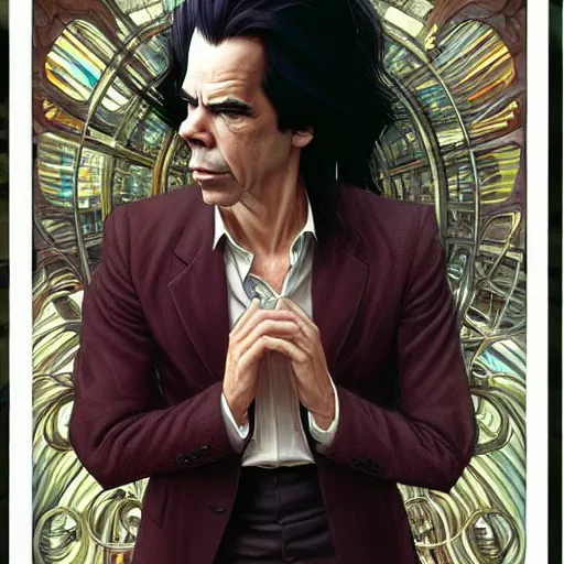 Prompt: Nick Cave pondering his orb, highly detailed, digital painting, artstation, concept art, smooth, sharp focus, illustration, art by todd lockwood and magalie villeneuve and alan lee and artgerm and greg rutkowski and alphonse mucha