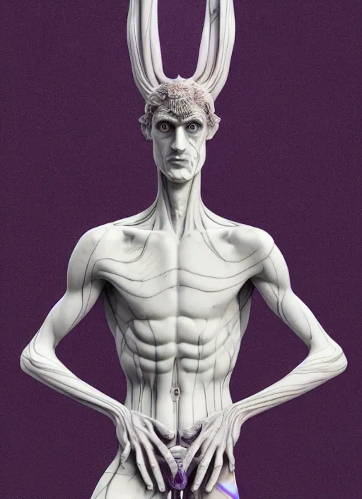 Image similar to a statue made of white marble with purple veins, of waluigi, transhumanism, full body shot, perfect symmetrical body, perfect symmetrical face, hyper realistic, hyper detailed, by johannen voss, by peter kemp, by monia merlo, by michelangelo, by ernst haeckel, by alex grey, octane render, blender, 8 k