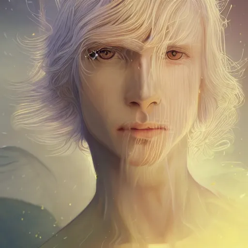 Image similar to Portrait of an androgynous blond prince in a beautiful world, pale milky white skin and long fluffy curly blond hair, symmetrically center parted curtain bangs, intricate, elegant, fantasy, highly detailed, digital painting, concept art, Junji Ito, sharp focus, illustration, beautiful volumetric lighting, epic light, artstation, magic hour lighting, colorful, sunshine, springtime, art by Sylvain Sarrailh