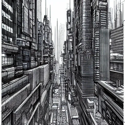 Image similar to cyberpunk cityscape drawn by david mckean