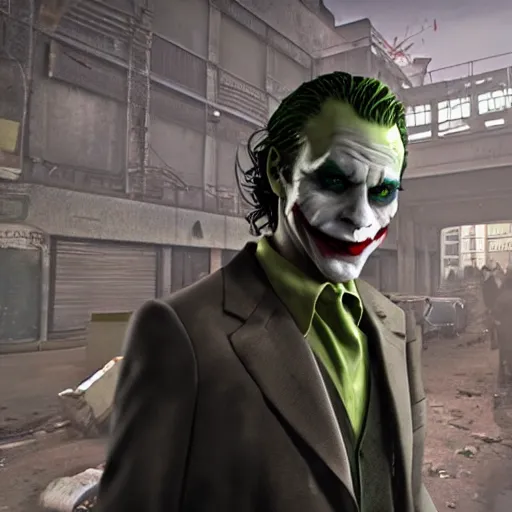 Image similar to cinematic shot of the joker wearing a half - life 2 hev suit, 8 k, very detailed, very intricate,