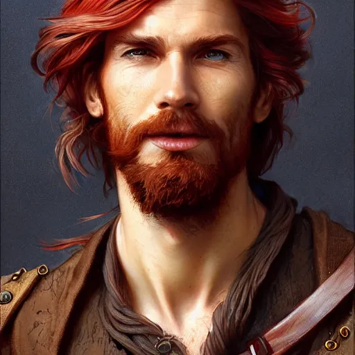 Prompt: portrait of a young ruggedly handsome but joyful pirate, male, masculine, upper body, red hair, long hair, d & d, fantasy, easy go happy personality, intricate, elegant, highly detailed, digital painting, artstation, concept art, matte, sharp focus, illustration, art by artgerm and greg rutkowski and alphonse mucha