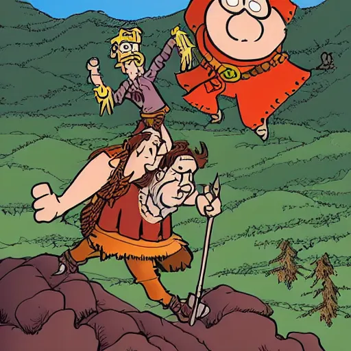 Image similar to groo the wanderer and rufferto in an epic pose on top of a mountain illustration by sergio aragones