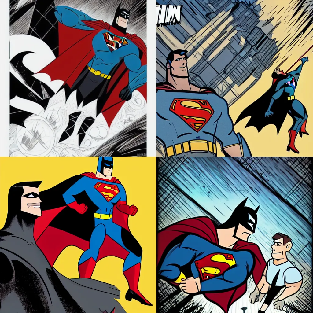 Prompt: Batman fighting superman in the style of Genndy Tartakovsky