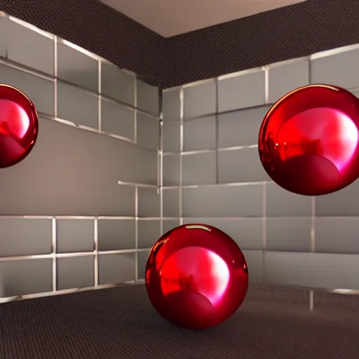 Prompt: chrome spheres on a red cube by robert beatty