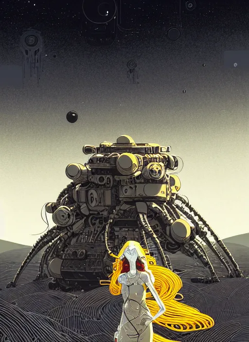 Image similar to highly detailed portrait of a robotic cyborg long curly white hair nomadic tribal lady, stray wiring and tubing by atey ghailan, james gilleard, by joe fenton, by greg rutkowski, by greg tocchini, by kaethe butcher, 4 k resolution, gradient yellow, black and white color scheme!!! ( ( robotic sandstorm robotic pyramid landscape background ) )