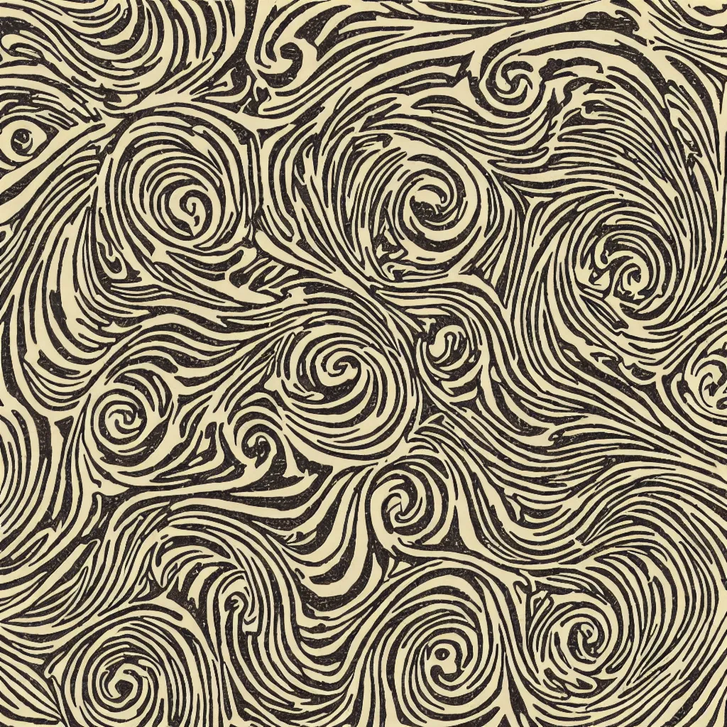 Image similar to optical illusion woodblock print, swirling filigree stamp pattern