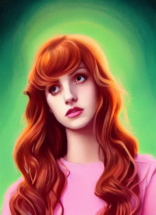 Image similar to full body portrait of teenage cheryl blossom, bangs, green eyes, sultry expression, red hair, sultry smirk, bangs and wavy hair, pink skirt, bangs, intricate, elegant, glowing lights, highly detailed, digital painting, artstation, concept art, smooth, sharp focus, illustration, art by wlop, mars ravelo and greg rutkowski