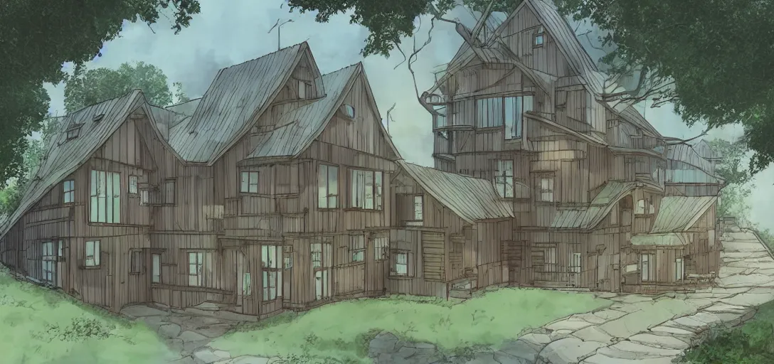 Image similar to Ghibli style modern house architecture