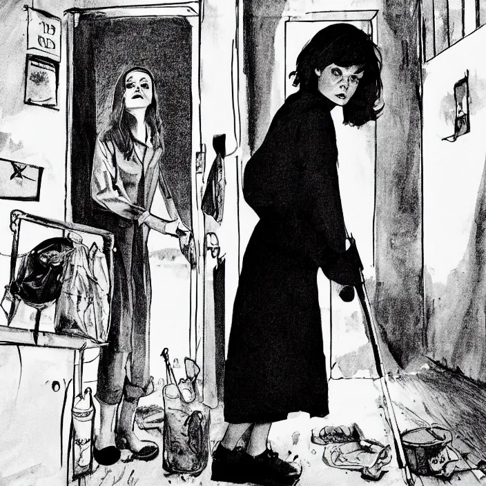 Prompt: inside a very dark scary empty dingy 1 9 6 0 s house, ( sadie sink in dirty workmen clothes ) argues with ( susan sarandon in an old bathrobe ). technique : black and white pencil and ink. by gabriel hardman, joe alves, chris bonura. cinematic atmosphere, detailed and intricate, perfect anatomy