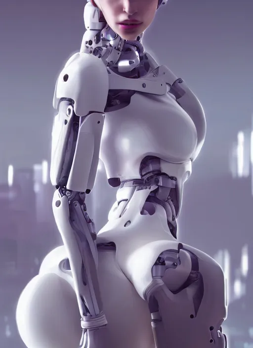 Image similar to white one cast futuristic biomechanics futuristic humanoid, pretty face, beautiful female, futuristic, neon lights, cyberpunk, 8 k, digital painting, by beeple and makoto shinkai, trending on cg society, glamour pose, high fashion, photorealistic, hyper realistic, perfect body, anatomical correct, ambient occlusion render