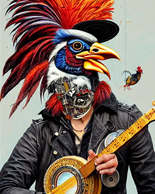 Image similar to a portrait of an anthropomorphic cyberpunk rooster shredding a banjo by sandra chevrier, by jon foster, detailed render, tape deck, epic composition, cybernetics, 4 k realistic, cryengine, realistic shaded lighting, sharp focus, masterpiece, by enki bilal