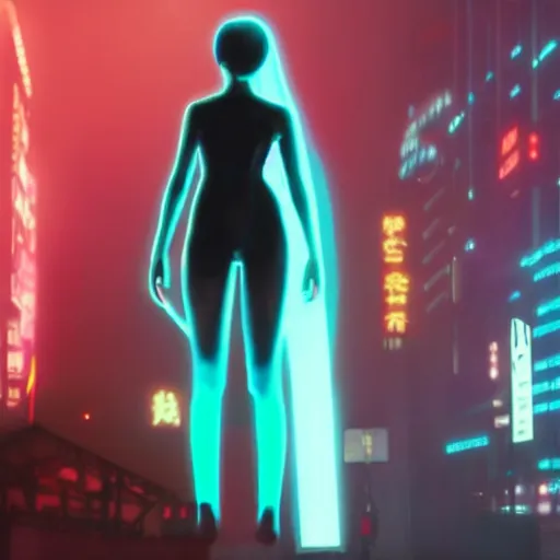 Prompt: Giant hologram of Hatsune miki in blade runner 2049, stunning, japanese anime cyberpunk style