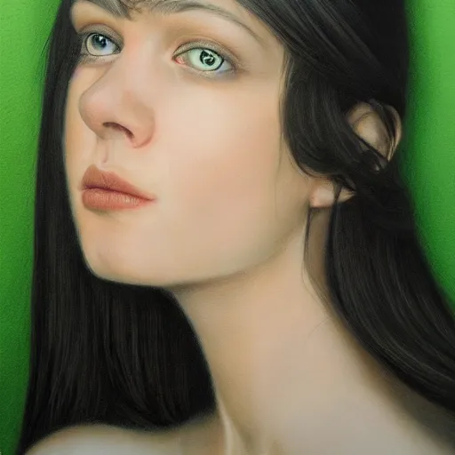 Prompt: a ultra - detailed realistic portrait of a young black haired woman with green eyes standing in front of a white wall, hyper realism, highly detailed, art, 8 k