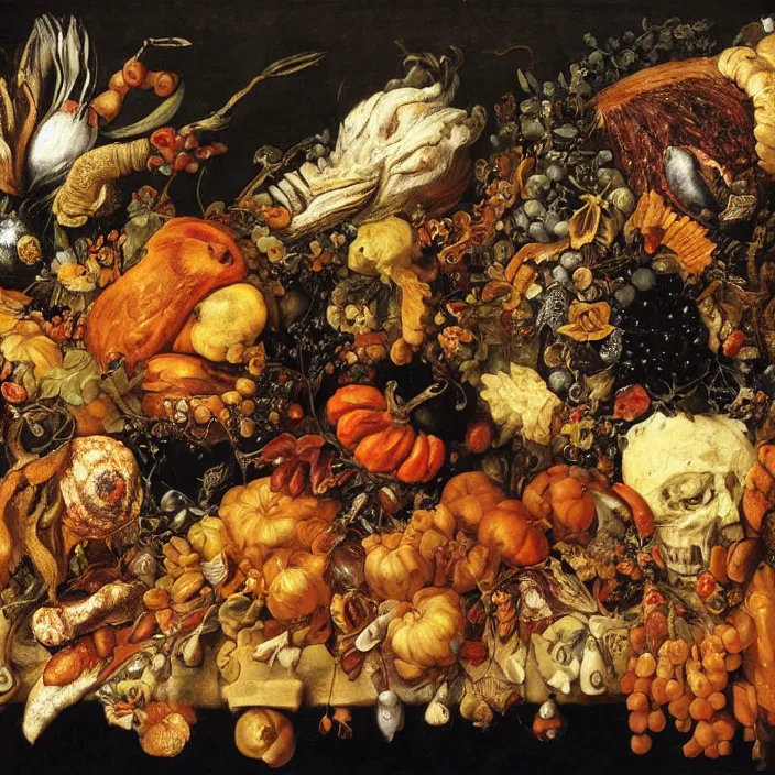 Image similar to victorian thanksgiving feast, cornucopia, black background, vanitas, a still life by giuseppe arcimboldo, a flemish baroque by jan davidsz. de heem, intricate high detail masterpiece