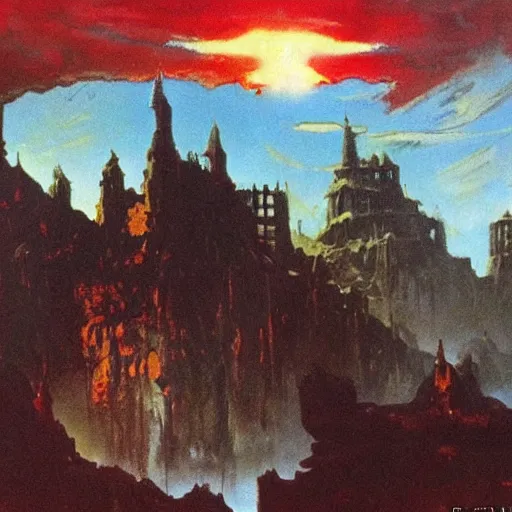 Prompt: an evil fortress, artwork by frank frazetta, red skies with evil glowing eyes