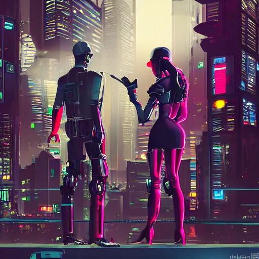 Prompt: realistic, symmetrical, cyberpunk city, man and women in love in a gunfight with robot police.