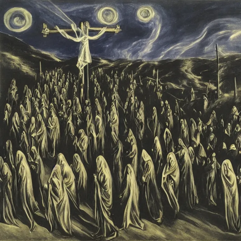 Image similar to A Holy Week procession of grim reapers in a lush Spanish landscape at night. A hooded figure at the front holds a cross. El Greco, Remedios Varo, Salvador Dalí, Carl Gustav Carus, Edward Hopper.