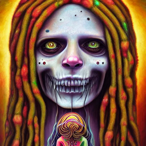 Image similar to the awakening of santa muerte with colorful dreadlocks, by anton semenov, alex grey, and amanda sage in a surreal psychedelic style, oil on canvas, dark and menacing, 8k hd,