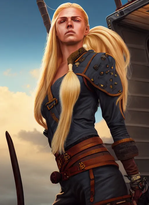 Image similar to An epic fantasy comic book style portrait painting of tall blonde haired female sky-pirate with a serious face and a pony tail in front of a metal gangplank, unreal 5, DAZ, hyperrealistic, octane render, cosplay, RPG portrait, dynamic lighting