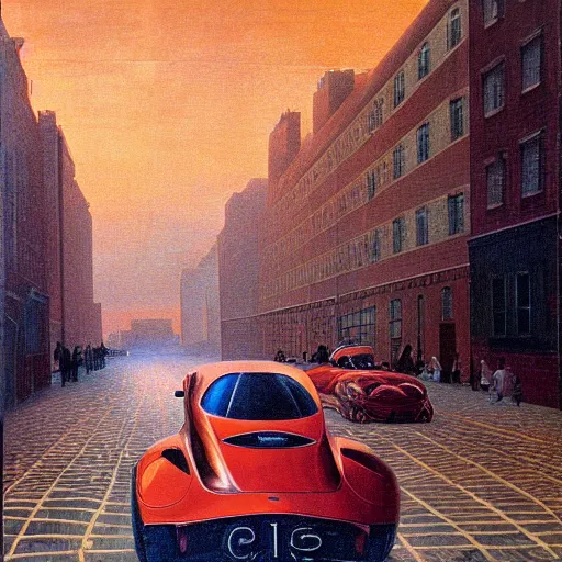 Image similar to copper colored sport car racing through a street in nyc, painted by, mc escher, gordon onslow ford, georgia o'keeffe and ivan aivazovsky, cinematic light, god rays, colourful.