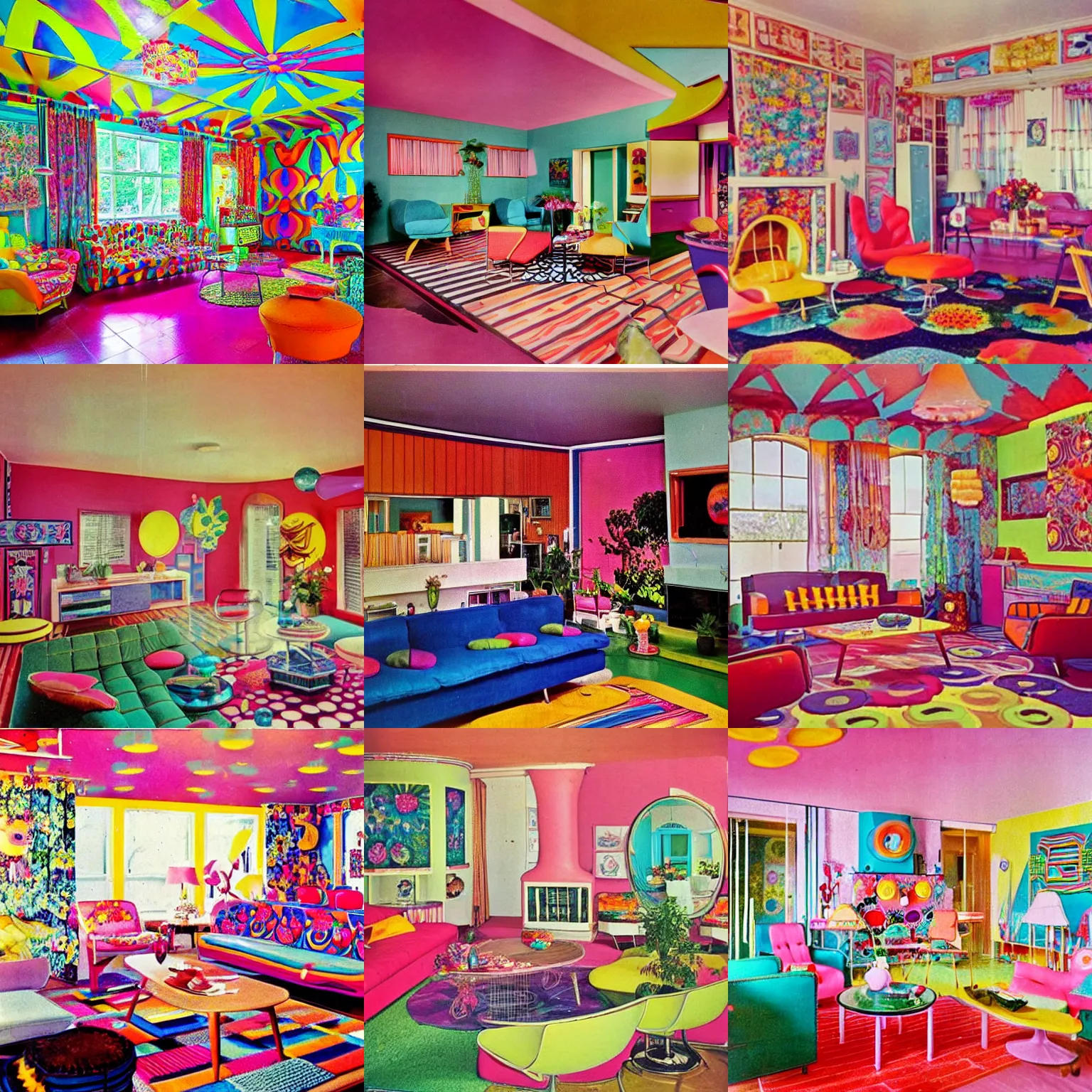 Prompt: a beautiful house, 60s kitsch and psychedelia
