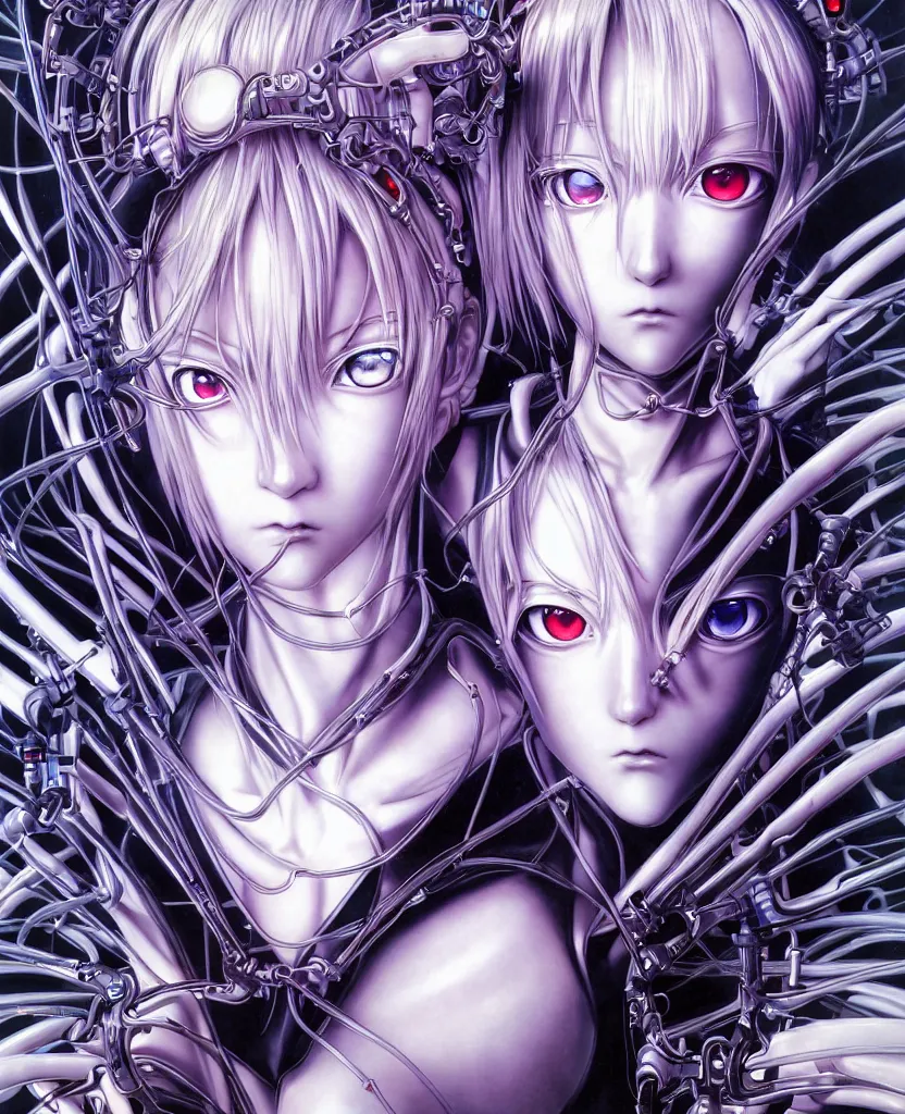 Image similar to symmetrical. realistic detailed image of anime portrait, realistic detailed male character, rei ayanami, black plugsuit, depth perception, vivid colors, masterpiece, depth of field, gothic, digital art. art by yoshitaka amano, by yukito kishiro, by yoshiyuki sadamoto, by artgerm, by hajime sorayama