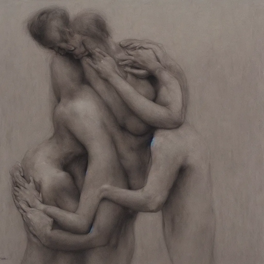 Image similar to powerful female gestures hugging a man, kieth thomsen, zdzislaw beksinski