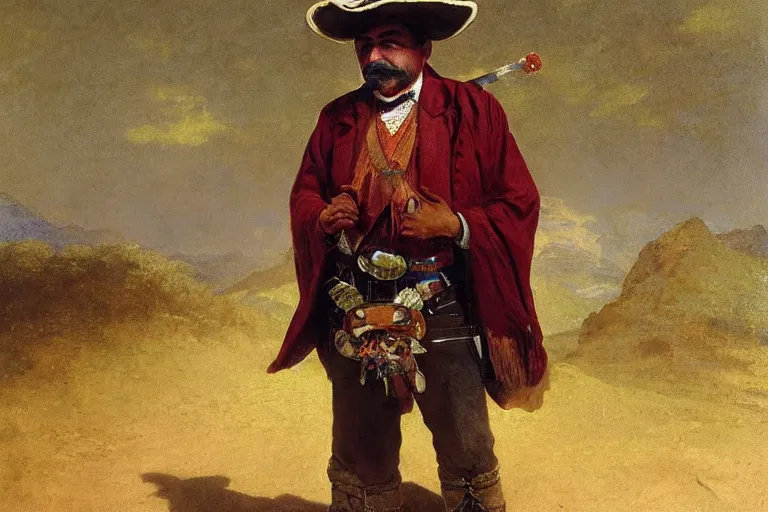 Image similar to a detailed portrait of bruno from encanto dressed as pancho villa, old west bandits, poncho, 1 8 th century south america, art by albert bierstadt and thomas moran