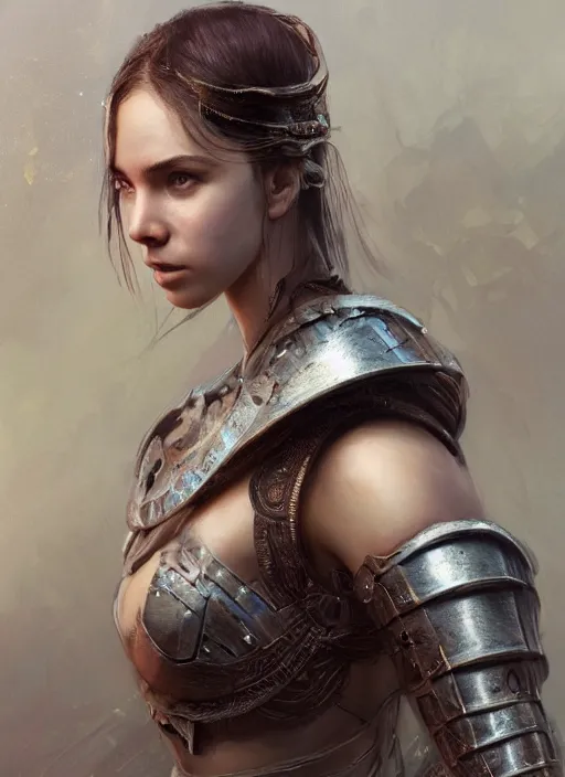 Image similar to photorealistic portrait of a beautiful young female warrior, clothed in ethereal armor, olive skin, long dark hair, beautiful bone structure, symmetrical facial features, intricate, elegant, digital painting, concept art, smooth, sharp focus, finely detailed, illustration, from Valerian and the City of a Thousand Planets, by Ruan Jia and Mandy Jurgens and Artgerm and William-Adolphe Bouguerea