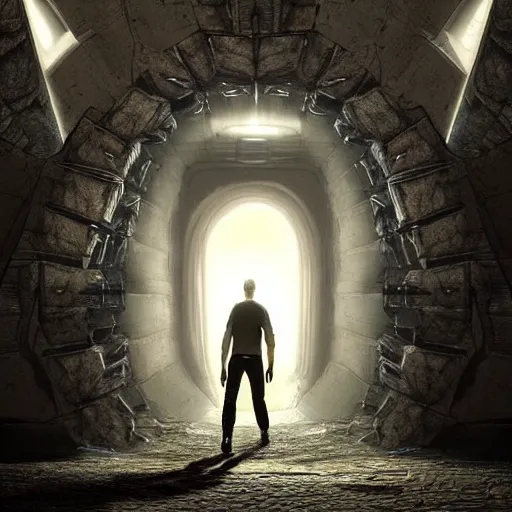 Image similar to a man walking into the portal, concept art, illustration, highly detailed, artwork, cinematic, hyper realistic, art station