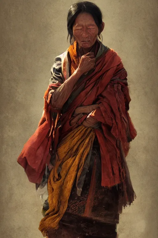 Prompt: Tibetan citizen, portrait, poor, intricate, elegant, volumetric lighting, scenery, digital painting, highly detailed, artstation, sharp focus, illustration, concept art,ruan jia, steve mccurry