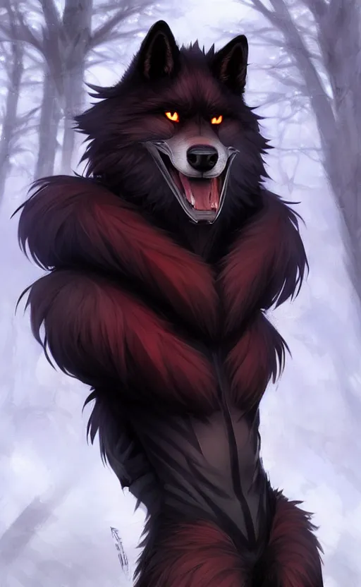 Image similar to character concept art of a black anthropomorphic male furry wolf long red hair | | cute - fine - face, pretty face, key visual, realistic shaded perfect face, fine details by stanley artgerm lau, wlop, rossdraws, james jean, andrei riabovitchev, marc simonetti, and sakimichan, trending on artstation