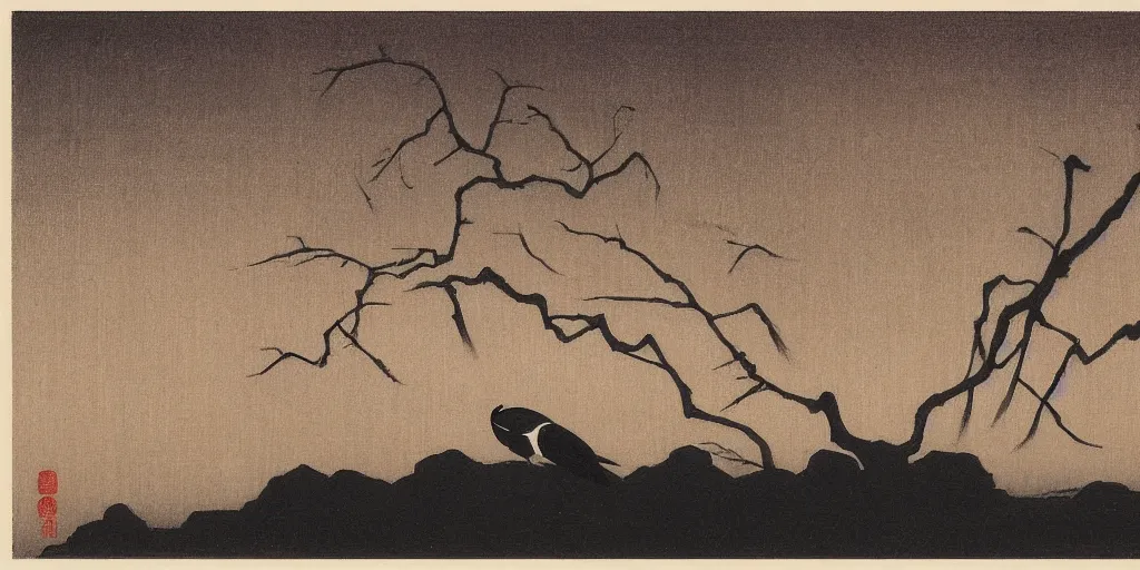 Image similar to savannah at night by ohara koson, 1 9 1 0