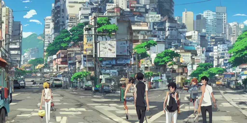 Prompt: rio de janeiro streets in an anime film, directed by makoto shinkai, street level, cinematic