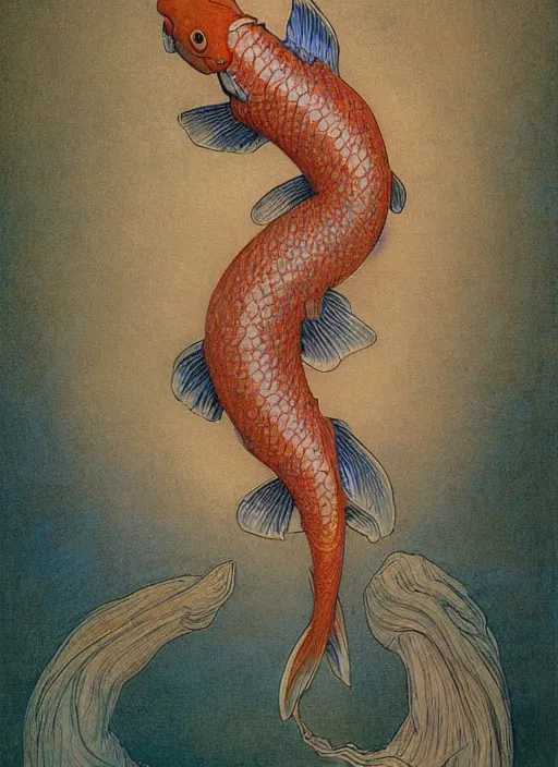 Prompt: hyper realistic traditional japanese illustration of a koi fish in the style of austin osman spare, wayne barlowe, gustav moreau, goward, gaston bussiere and roberto ferri, santiago caruso, bouguereau, klimt, saturno butto, sorayama. occult art, alchemical diagram