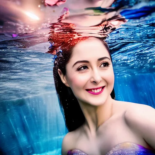 Image similar to marian rivera as mermaid breaking the surface of the water, underwater photography with light scattering and water refractions, smooth