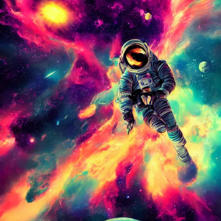 Image similar to anime astronaut in a nebula explosion, pastel, colorful, crowded, horror, artstation, digital art.