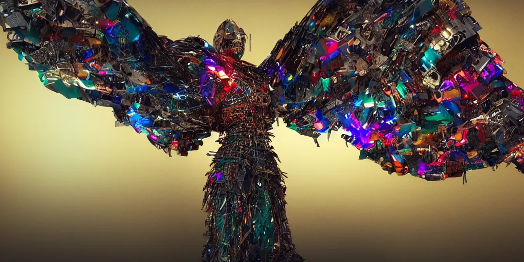 Prompt: depiction of an angel made out of scrap metal car parts, wings made of old cell phones and all turned on with vibrant colors, wide angle shot, highly detailed, octane render