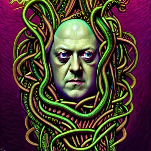 Image similar to an extremely psychedelic portrait of aleister crowley as medusa, surreal, lsd, face, detailed, intricate, elegant, lithe, highly detailed, digital painting, artstation, concept art, smooth, sharp focus, illustration