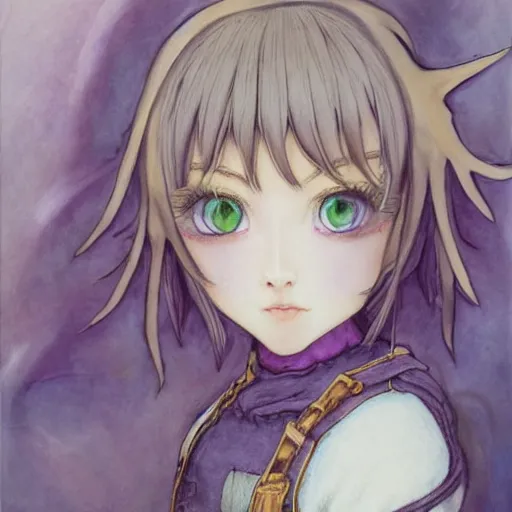 Image similar to little elf tomboy, tunic, soft hair. light color palate, purple, yellow and white. detailed soft painting, ayami kojima, made in abyss, anatomically correct, inspired in balthus, high detailed face anime