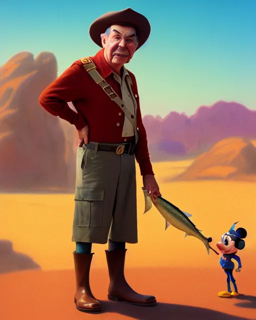 Image similar to disney pixar portrait 8 k photo of captain beefheart standing in the desert holding a fish : : by weta, greg rutkowski, wlop, ilya kuvshinov, rossdraws, artgerm, annie leibovitz, rave, unreal engine, alphonse mucha : :