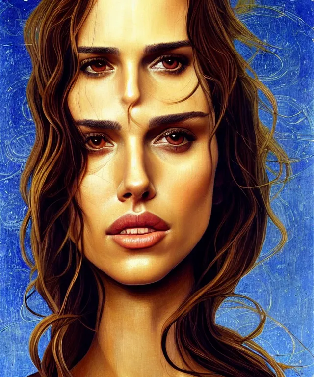 Image similar to half Nathalie portman half jessica alba portrait by Sandro Botticelli, sci-fi, amber eyes, beautiful face, appealing long hair, fantasy, intricate, elegant, highly detailed, digital painting, artstation, concept art, smooth, sharp focus, oil painted illustration by Sandro Botticelli