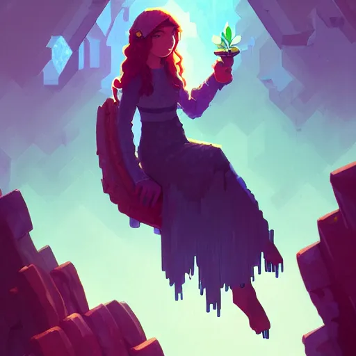 Image similar to madeline from celeste, pixel art, highly detailed, digital painting, artstation, concept art, sharp focus, illustration, art by greg rutkowski and alphonse mucha