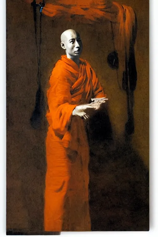 Image similar to portrait of a techno monk in orange robes with wires and circuit boards coming out of his face by francisco goya